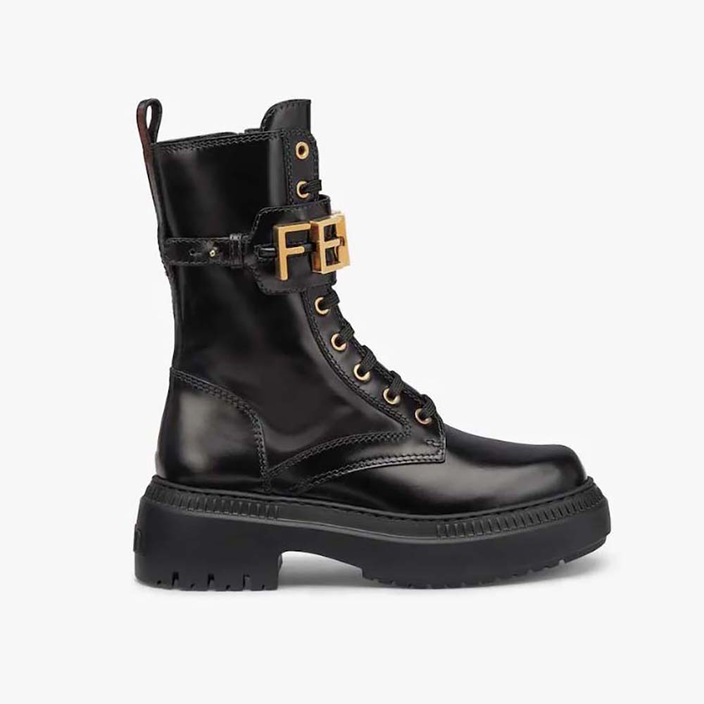 Side profile of Fendi Women Fendigraphy Black Leather Biker Boots