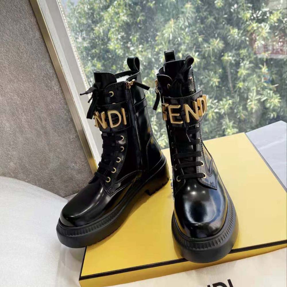 Top view showcasing lace-up closure on Fendi leather biker boots