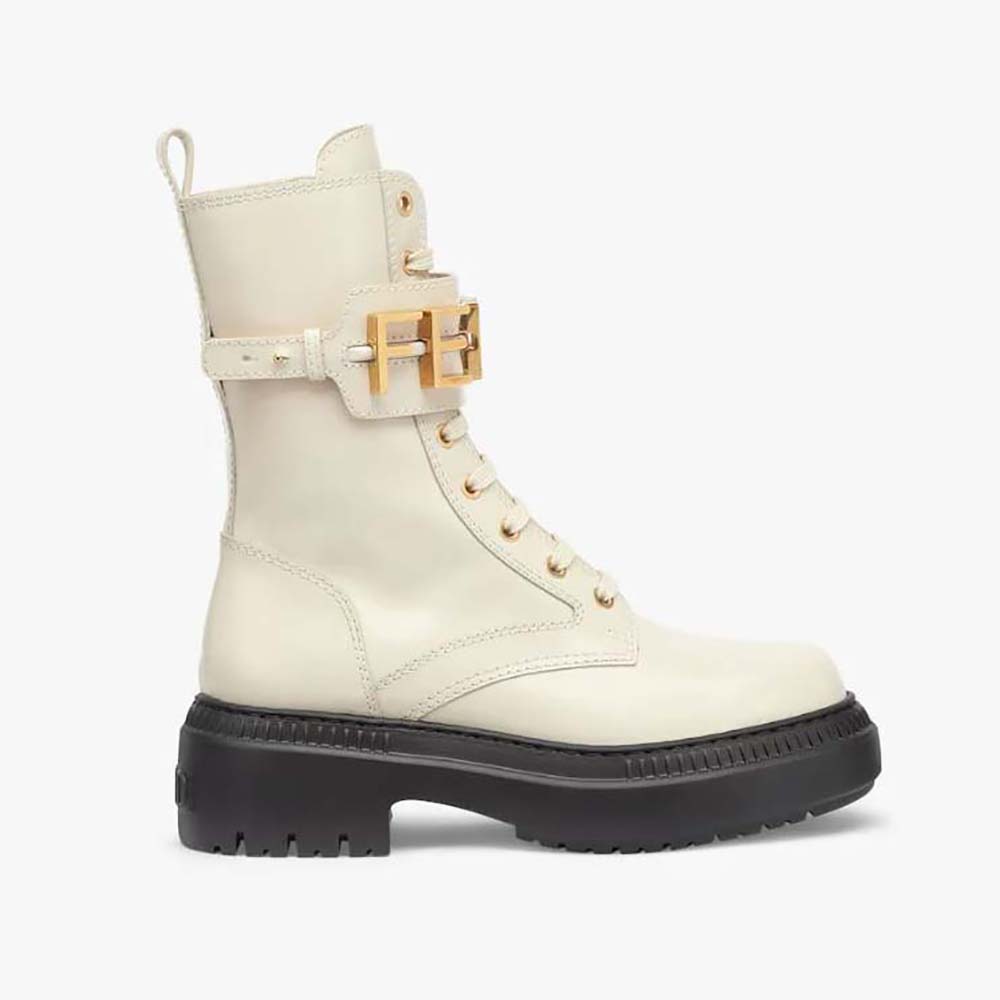 Side profile of Fendi Women Fendigraphy White Leather Biker Boots