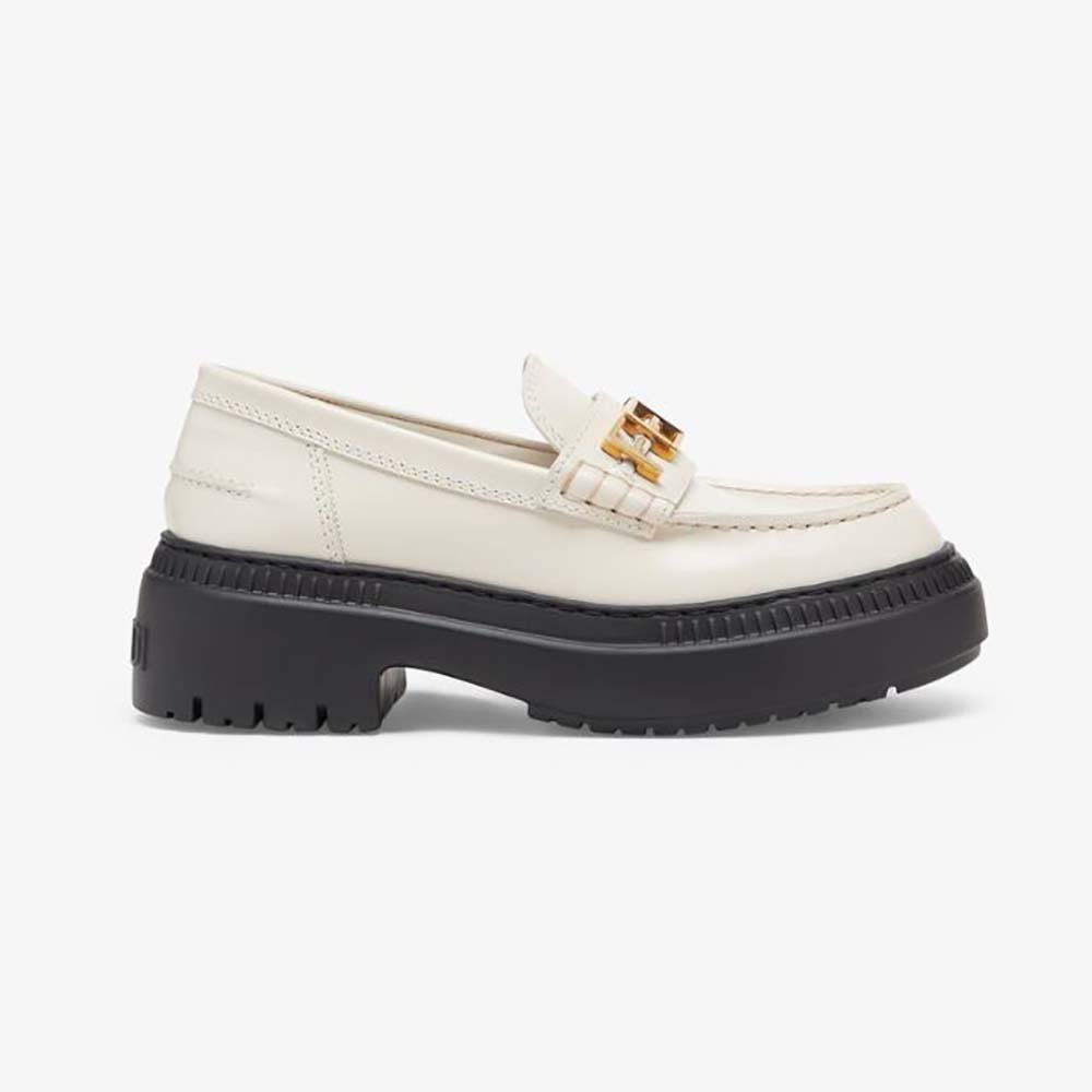 Side view of Fendi Women Fendigraphy White Leather Loafers showing silhouette