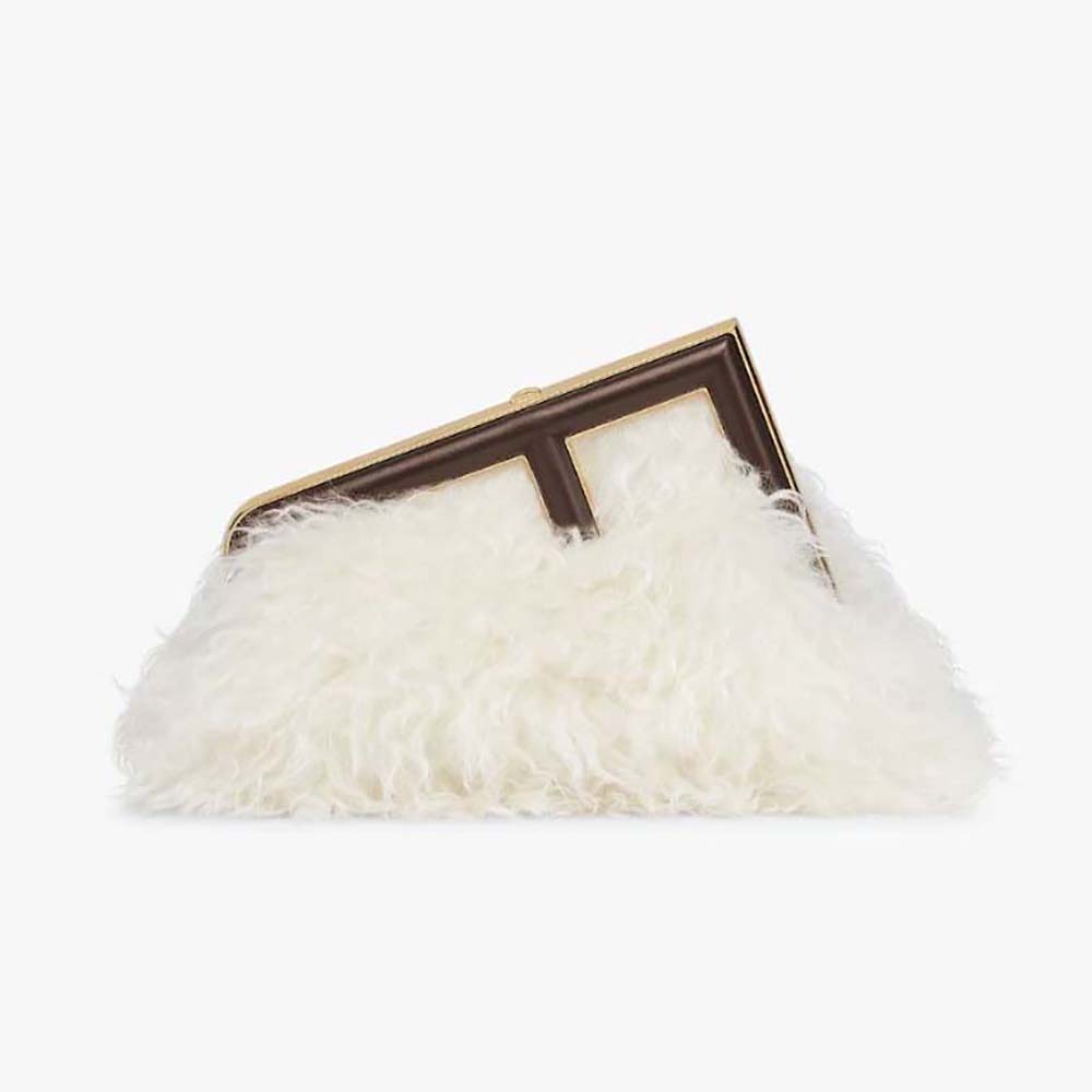 Front view of Fendi Women First Small White Mohair Wool Bag with gold hardware