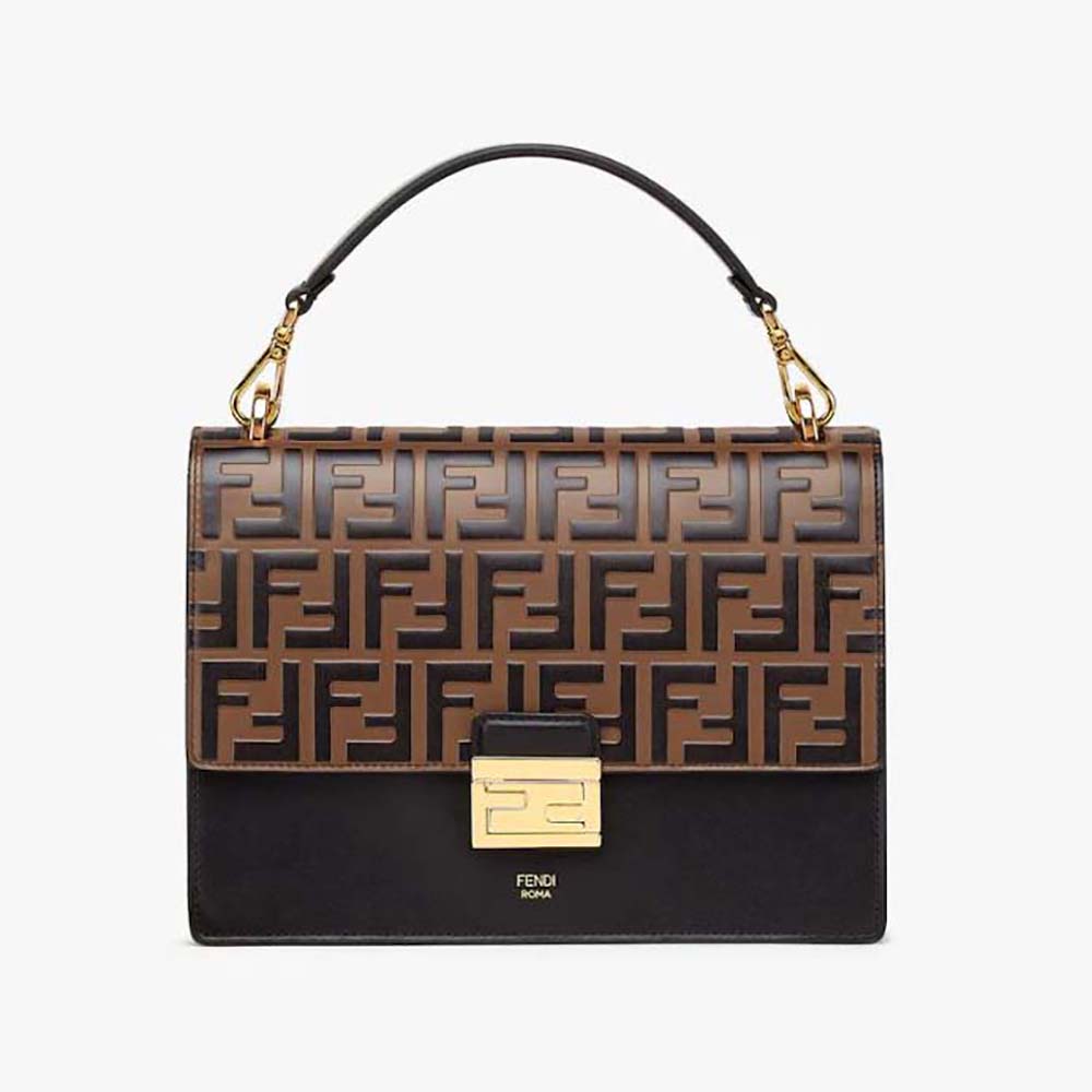 Front view of Fendi Women Kan I Black Leather Bag-Black showing clasp
