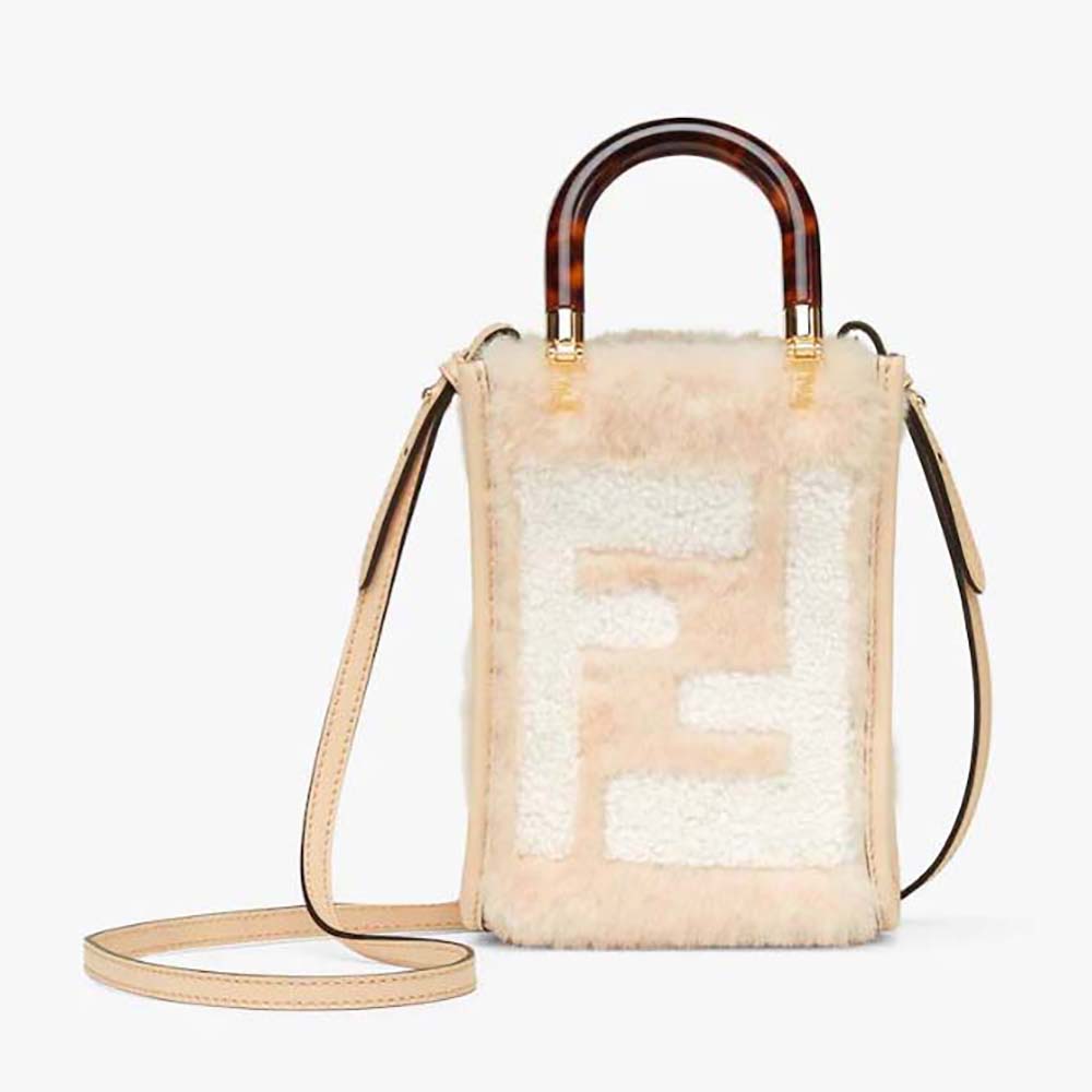 Front view of Fendi Women Mini Sunshine Shopper Pink Sheepskin Mini-Bag with Inlay