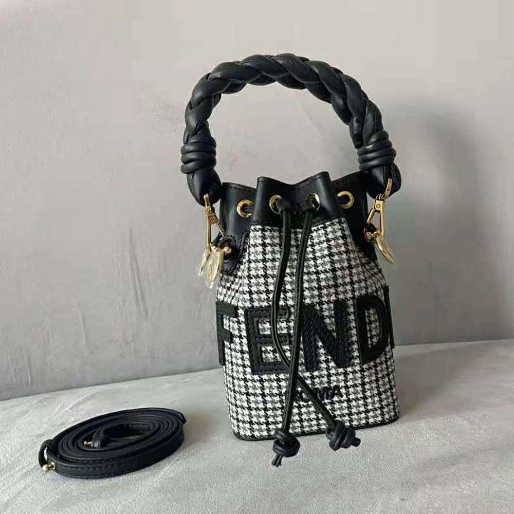 Close-up of gold hardware on Fendi Women Mon Tresor Gray Houndstooth Wool Mini-Bag