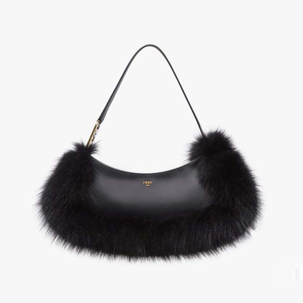 Front view of Fendi Women O’Lock Swing Black Fox Fur and Leather Pouch