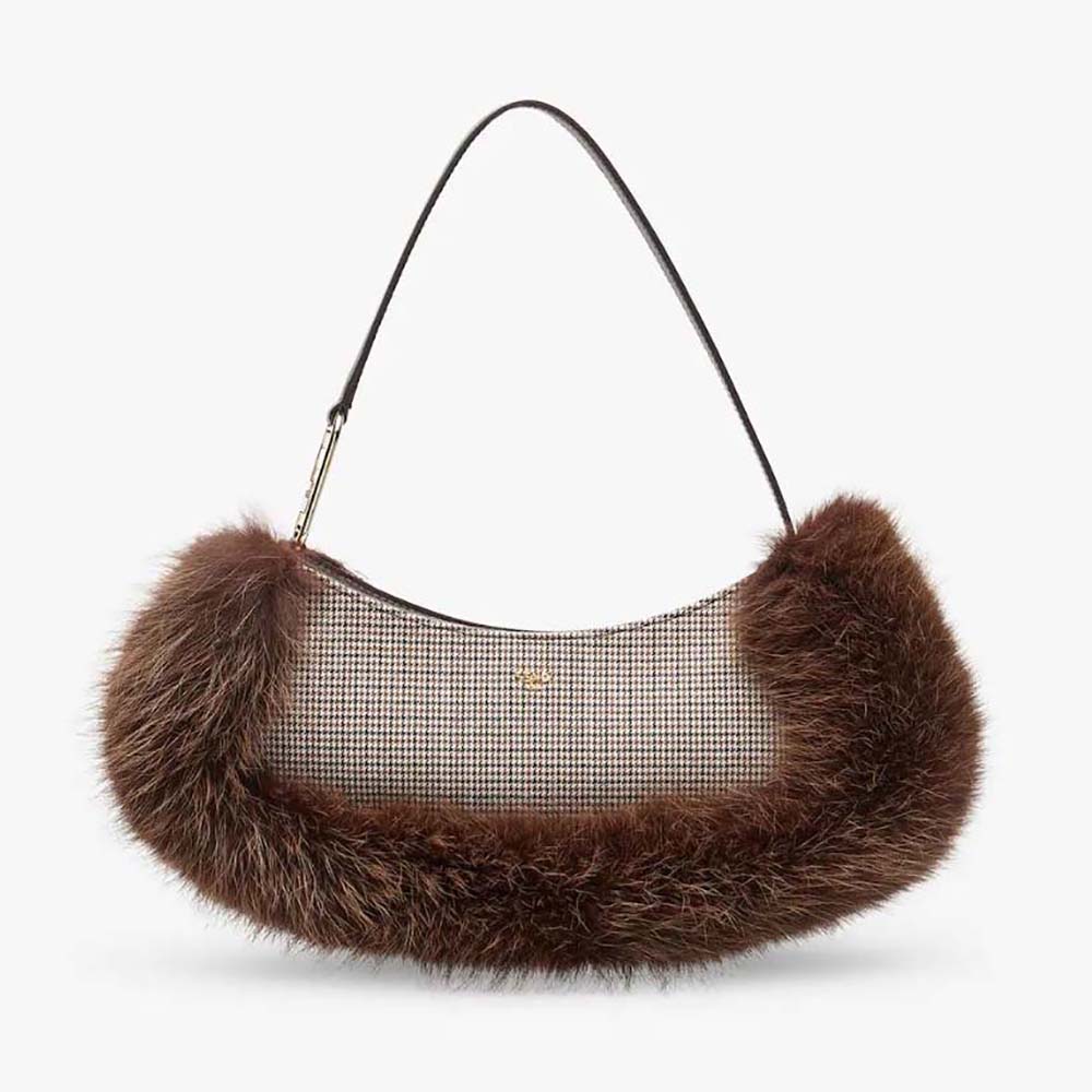 Front angle of Fendi Women O’Lock Swing Brown Houndstooth Wool and Fox Fur Pouch