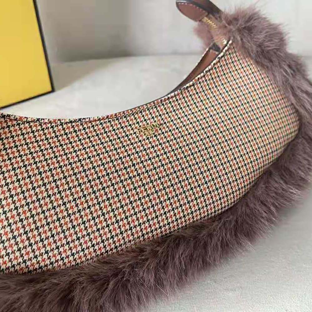 Fendi Women O’Lock Swing Brown Houndstooth Wool and Fox Fur Pouch - image 7