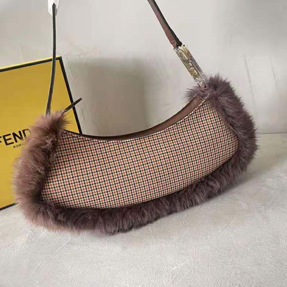 Fendi Women O’Lock Swing Brown Houndstooth Wool and Fox Fur Pouch - image 4