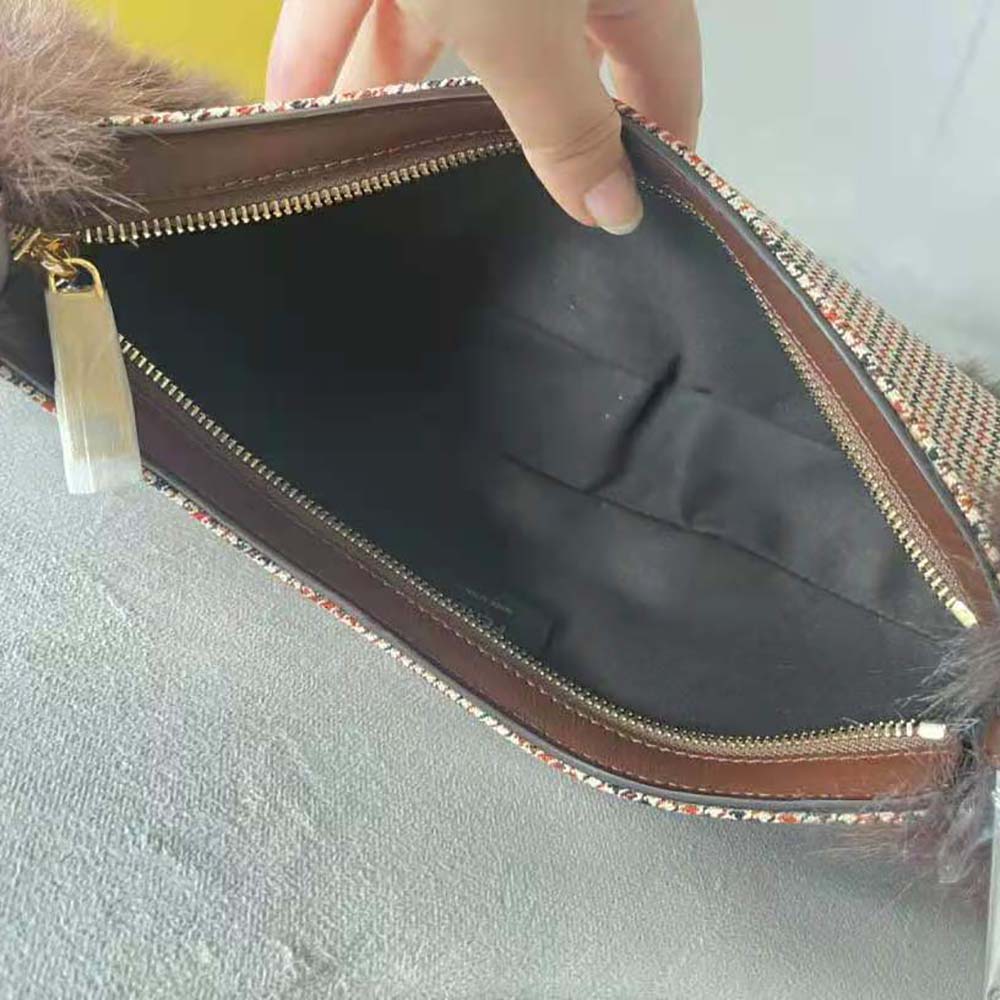 Fendi Women O’Lock Swing Brown Houndstooth Wool and Fox Fur Pouch - image 10