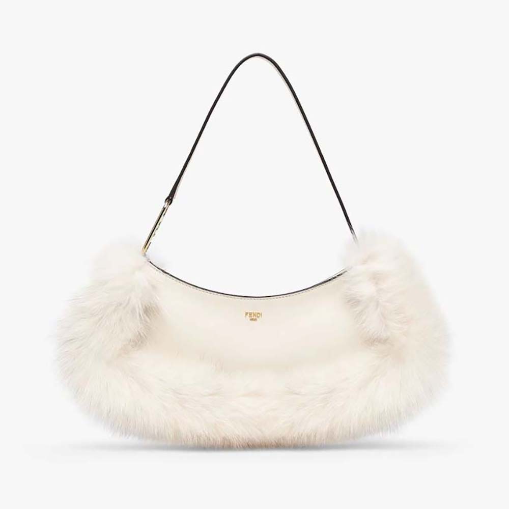 Front view of Fendi Women O’Lock Swing Camellia Leather and Fox Fur Pouch