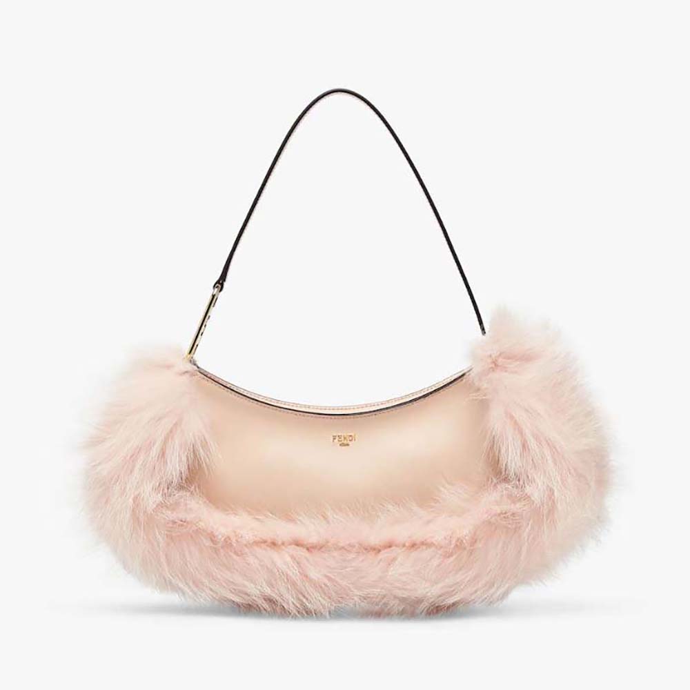 Front angle view of Fendi Women O’Lock Swing Pale Pink Leather and Fox Fur Pouch