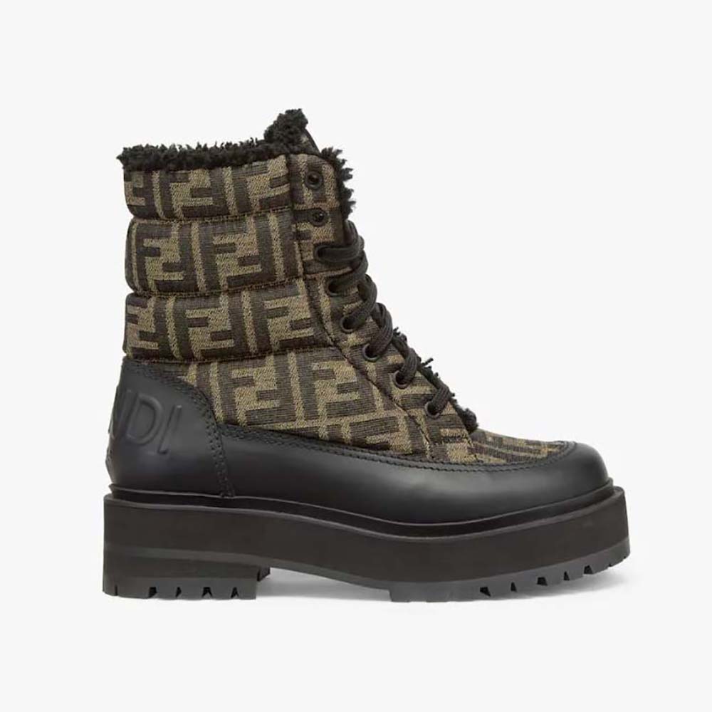 Side view of Fendi Women Signature Biker Boots Black Leather Biker Boots with FF Fabric