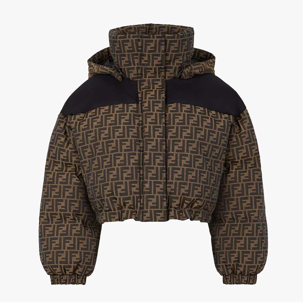 Front view of Fendi Women Ski Jacket Brown Canvas Jacket-Brown showing zip closure
