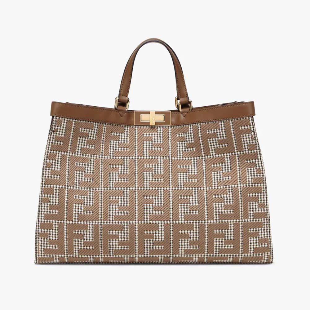 Front view of Fendi Women X-Tote Brown Houndstooth Wool Shopper with FF embroidery