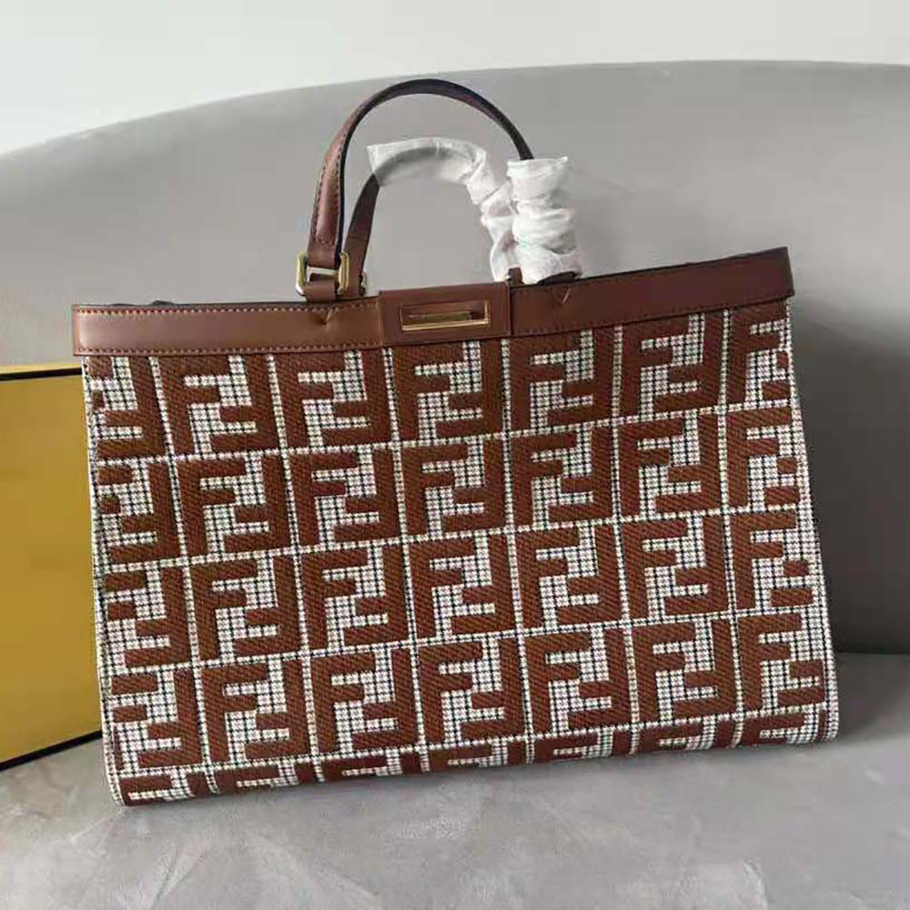 Close-up detail of FF embroidery on Fendi Women X-Tote Brown Houndstooth Wool Shopper