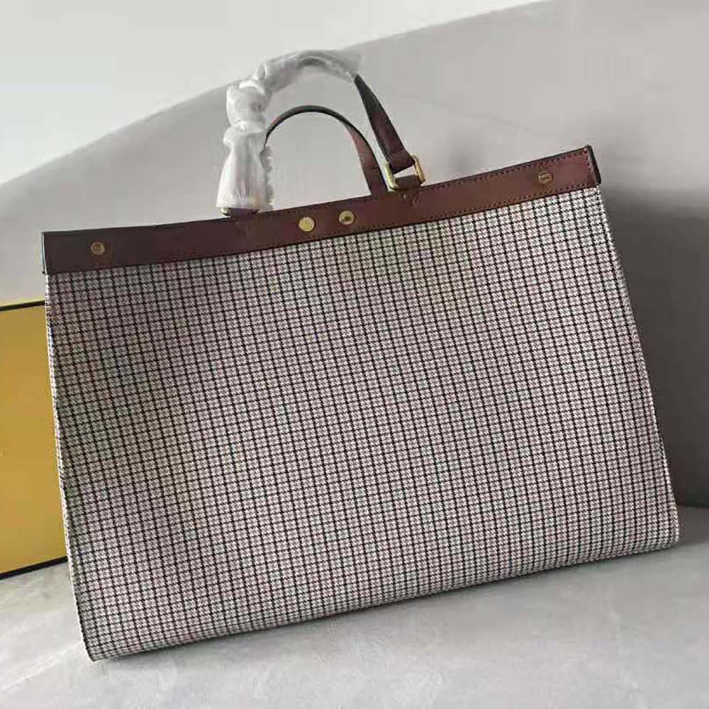 Side angle showing gold-tone hardware on Fendi Women X-Tote Brown Houndstooth Wool Shopper