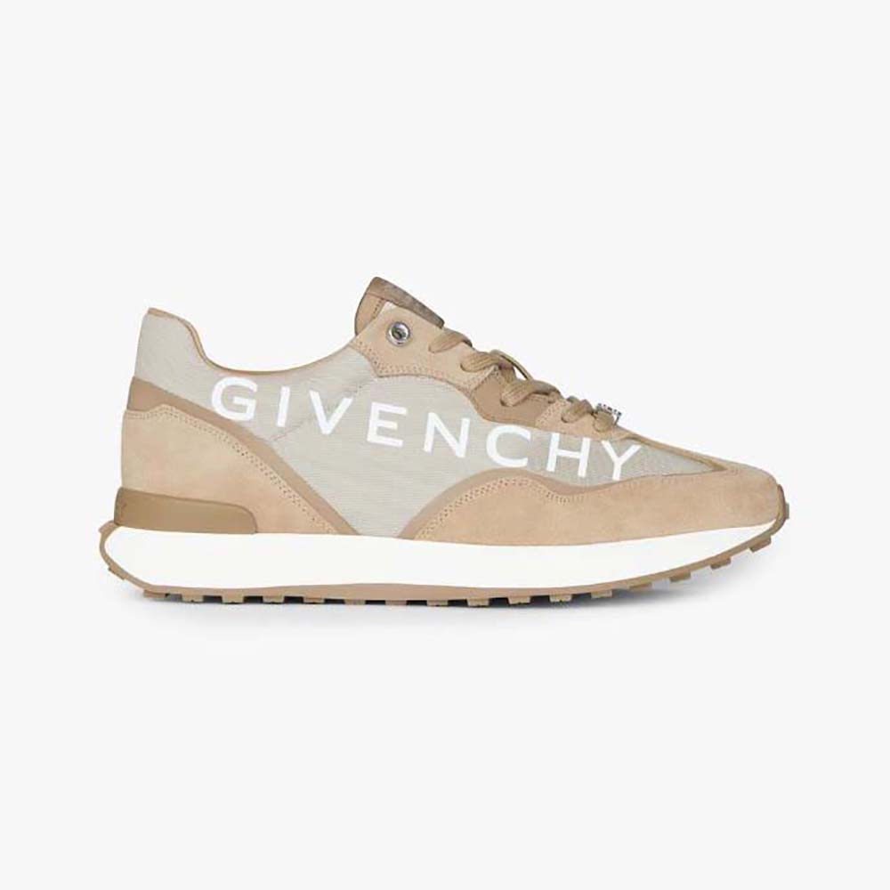 Side profile of Givenchy Men GIV Runner Sneakers in beige suede leather