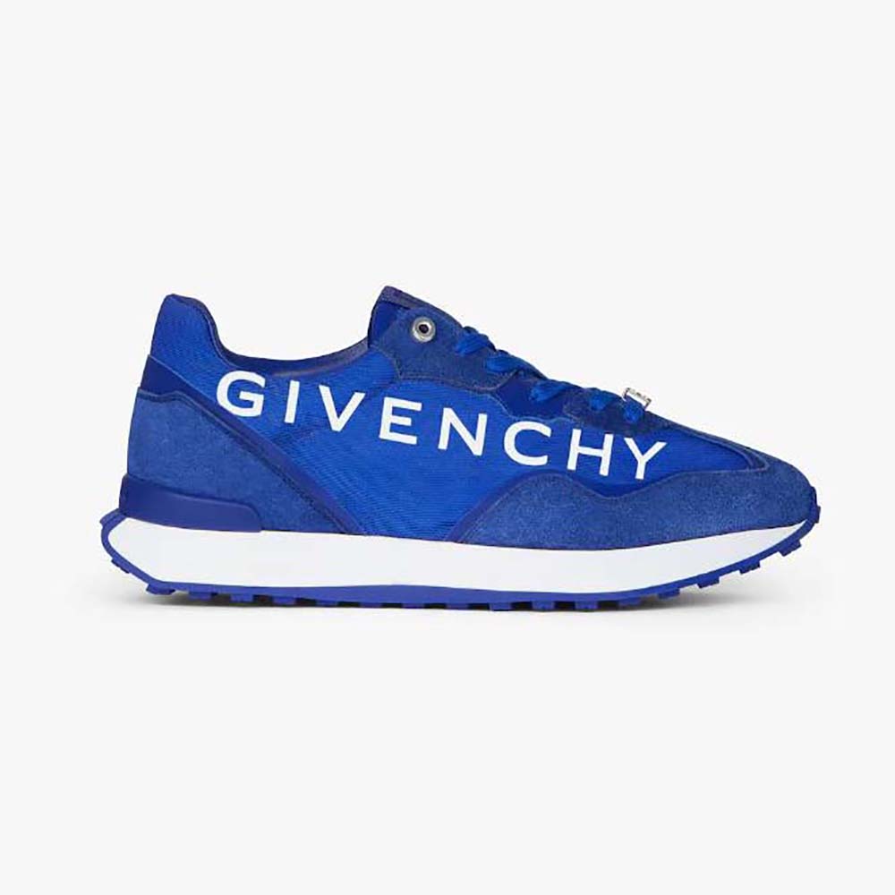 Side profile of Givenchy Men GIV Runner Sneakers in blue suede and nylon