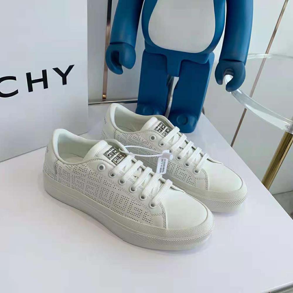 Top-down angle showing laces and perforated leather detail on Givenchy sneakers