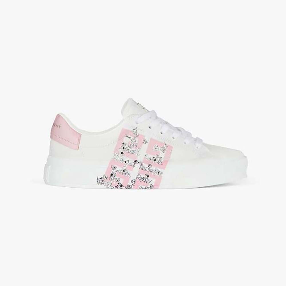 Side view of Givenchy Women 101 Dalmatians City Sport Sneakers in Pink Leather