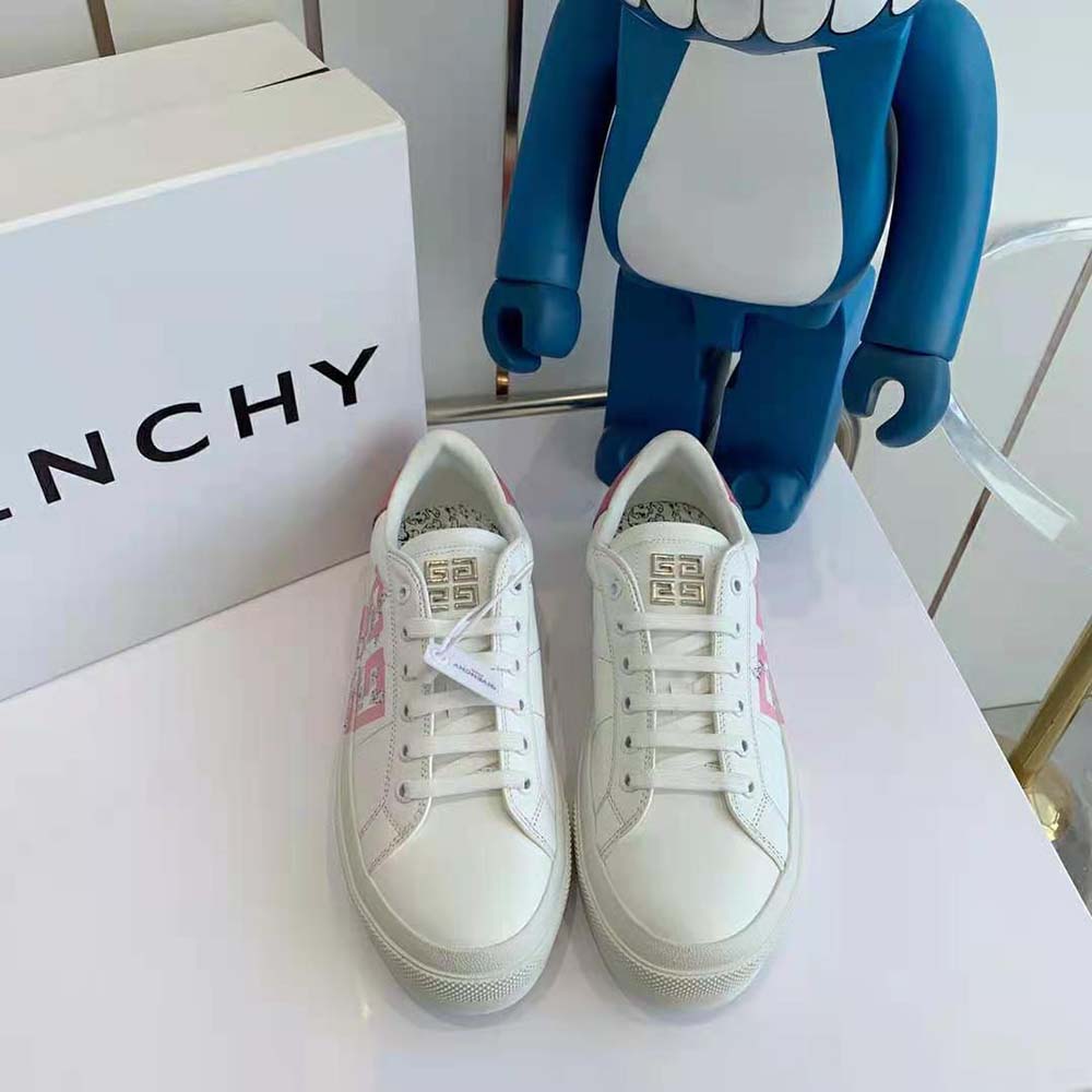 Close-up of pink leather and Dalmatian spots on Givenchy City Sport Sneakers