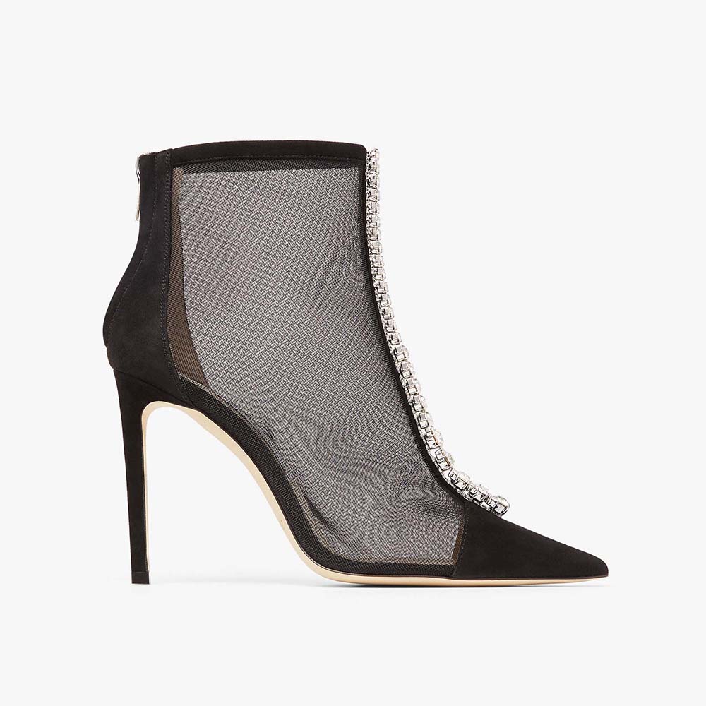 Side profile of Jimmy Choo Women Bing Boot 100 Black Suede and Mesh
