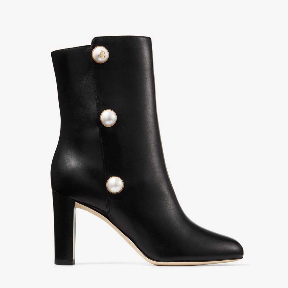 Front angle of Jimmy Choo Women Black Nappa Leather Mid-Calf Boots with Pearls