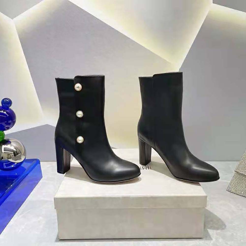 Jimmy Choo Women Black Nappa Leather Mid-Calf Boots with Pearls - image 4