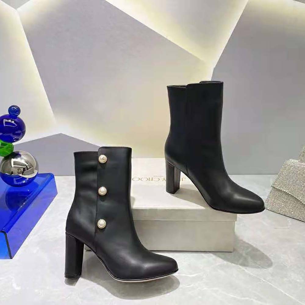 Jimmy Choo Women Black Nappa Leather Mid-Calf Boots with Pearls - image 7
