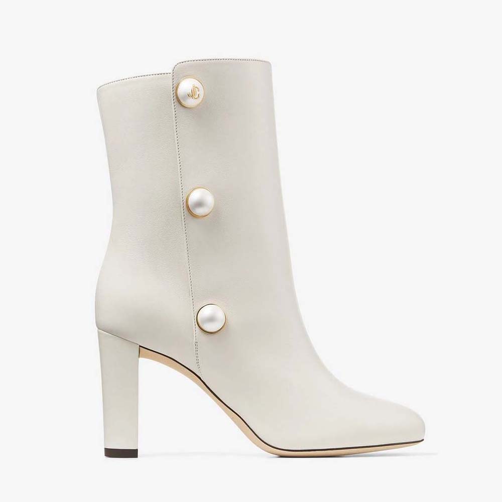 Side view of Jimmy Choo Women Rina 85 Latte Nappa Leather Mid-Calf Boots with Pearls