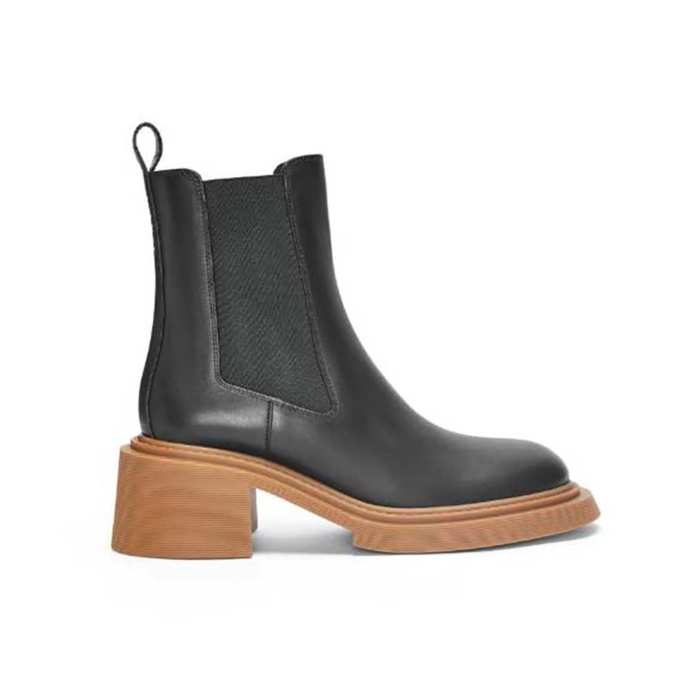 Side profile of Loewe Women Chelsea Boot in Calfskin-Black showing elastic panel