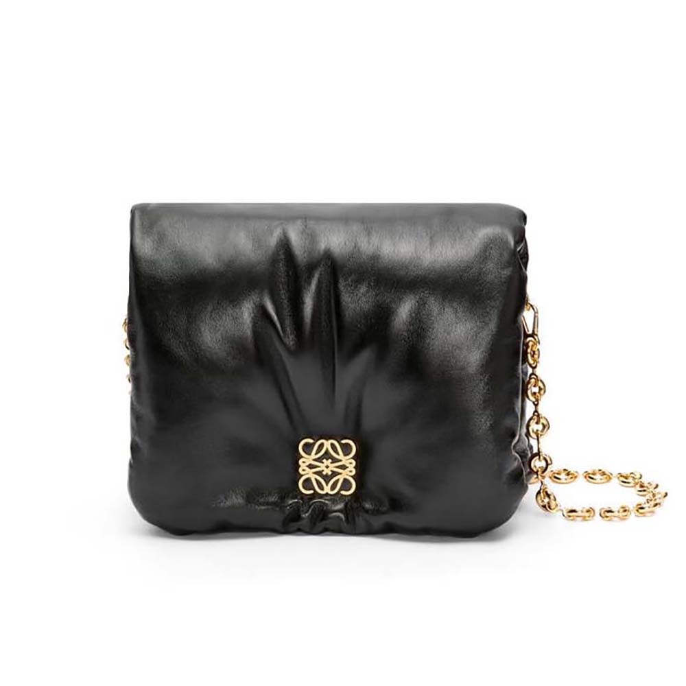 Front angle of Loewe Women Puffer Goya Bag in Shiny Nappa Lambskin-Black