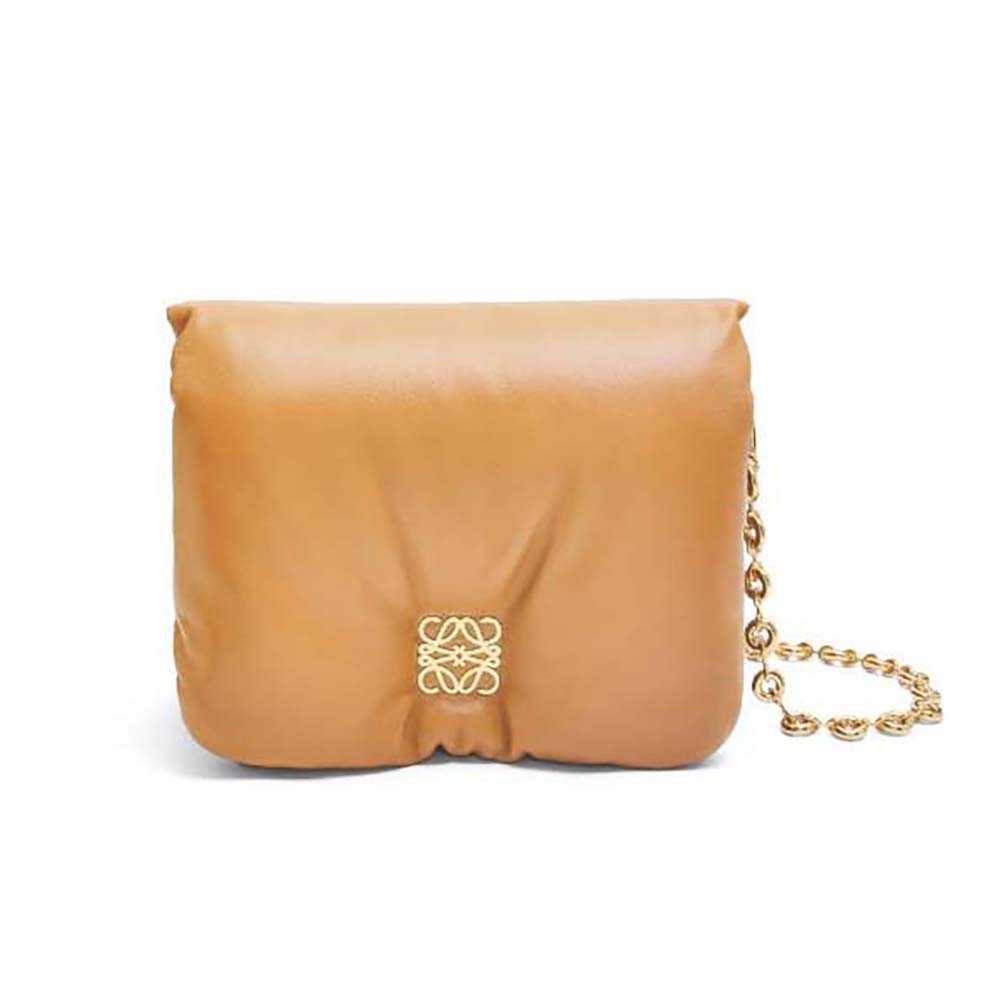 Front view of Loewe Women Puffer Goya Bag in shiny brown lambskin