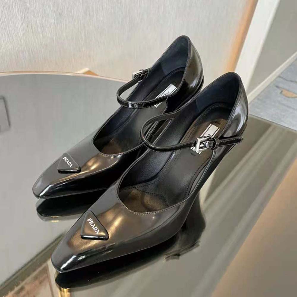 Top view of sleek silhouette on Prada Women Brushed Leather Pumps-Black
