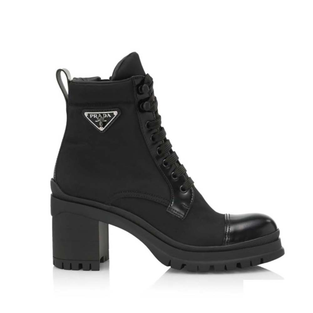 Side view of Prada Women Brushed Leather and Nylon Booties in black