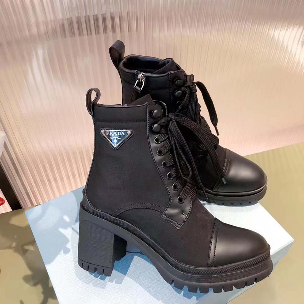 Top angle showing zip closure on Prada black booties