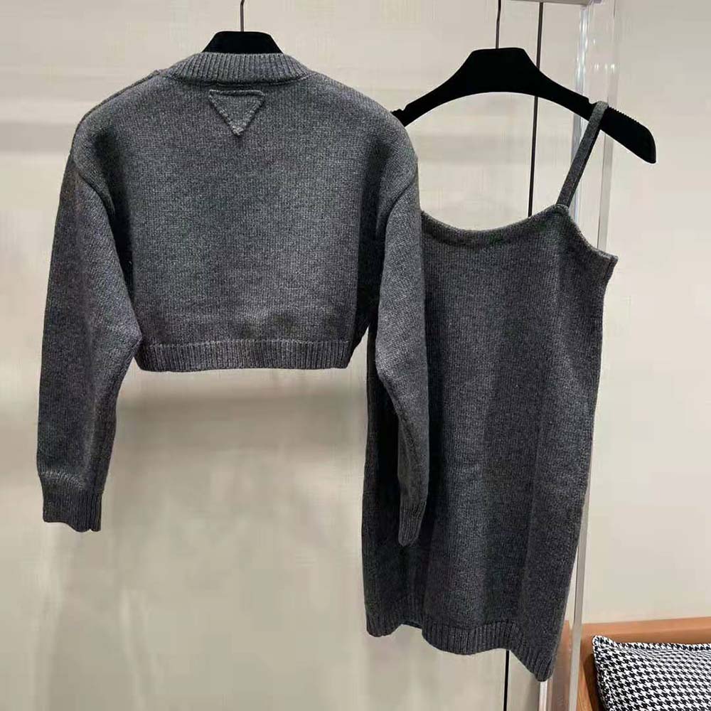Side angle showing relaxed fit of Prada Women Cashmere and Wool Sweater-Silver