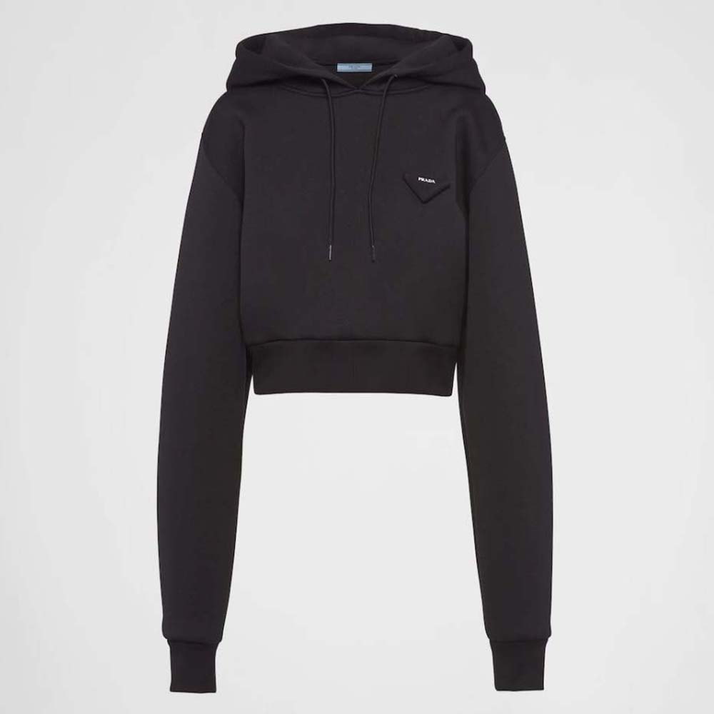 Front view of Prada Women Cotton Fleece Hoodie-Black with hood up