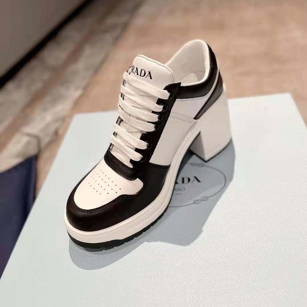 Prada Women Downtown High-Heeled Leather Sneakers-Black - image 7