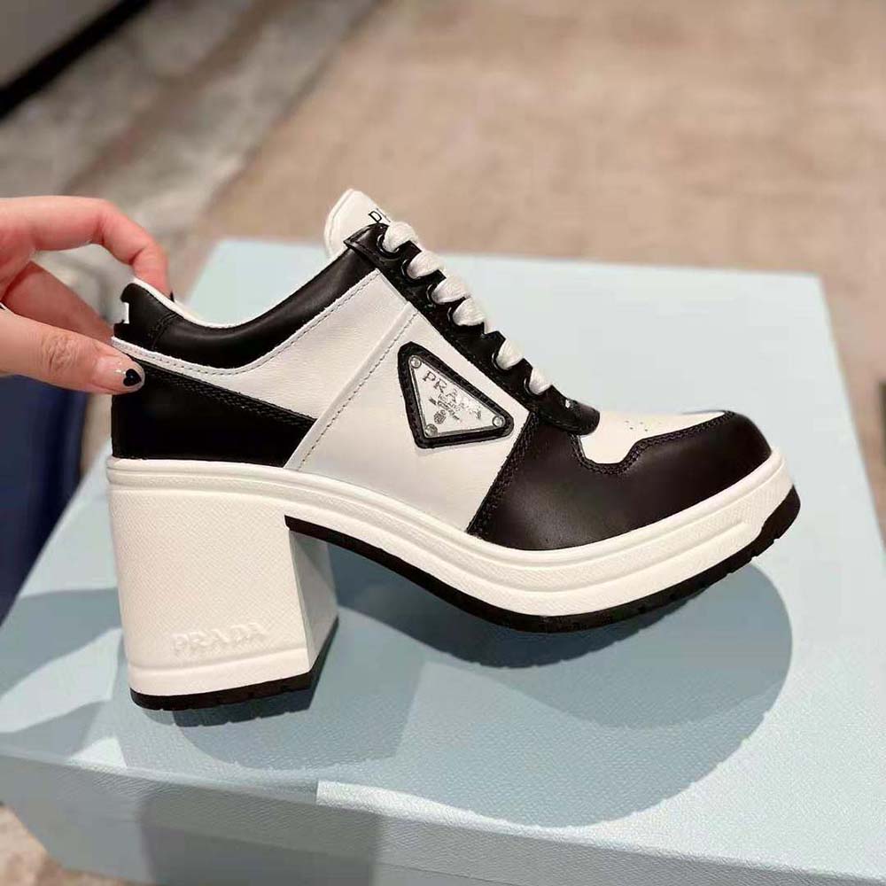 Prada Women Downtown High-Heeled Leather Sneakers-Black - image 8