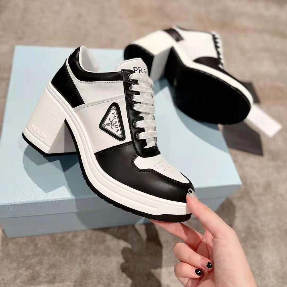 Prada Women Downtown High-Heeled Leather Sneakers-Black - image 6