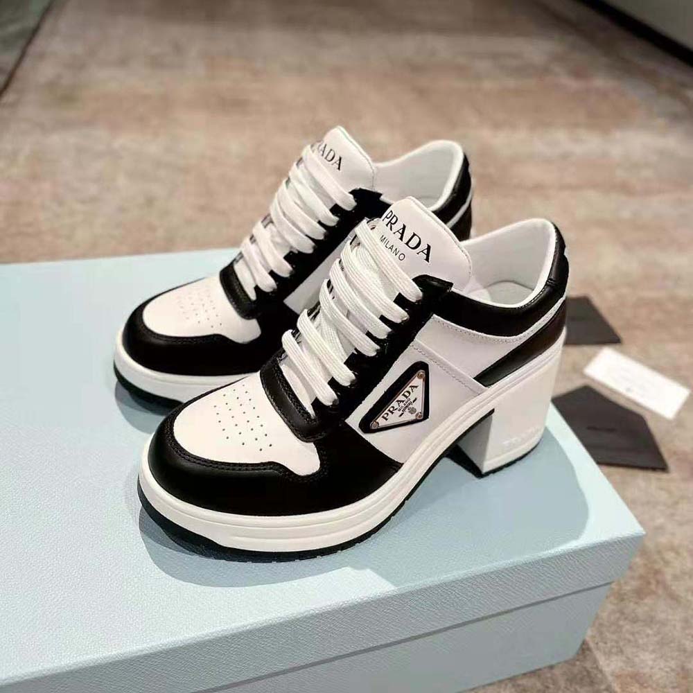 Prada Women Downtown High-Heeled Leather Sneakers-Black - image 5