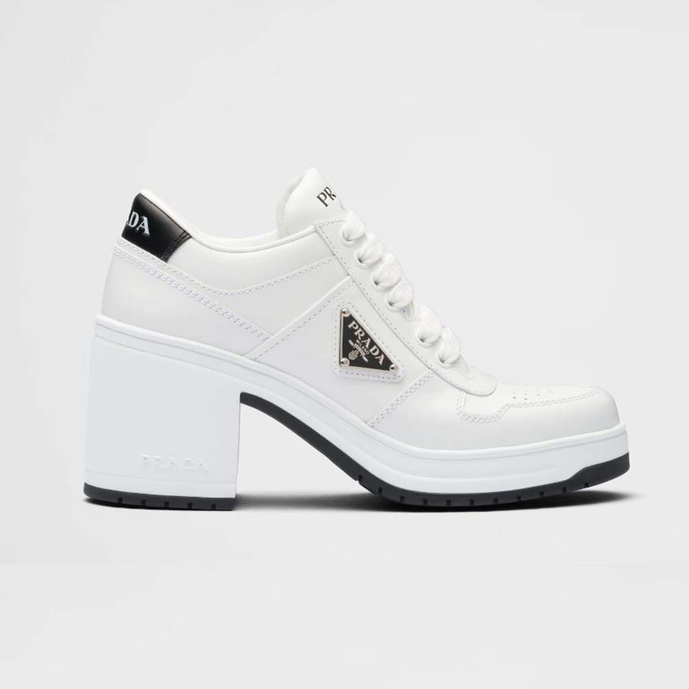 Side view of Prada Women Downtown High-Heeled Leather Sneakers-White