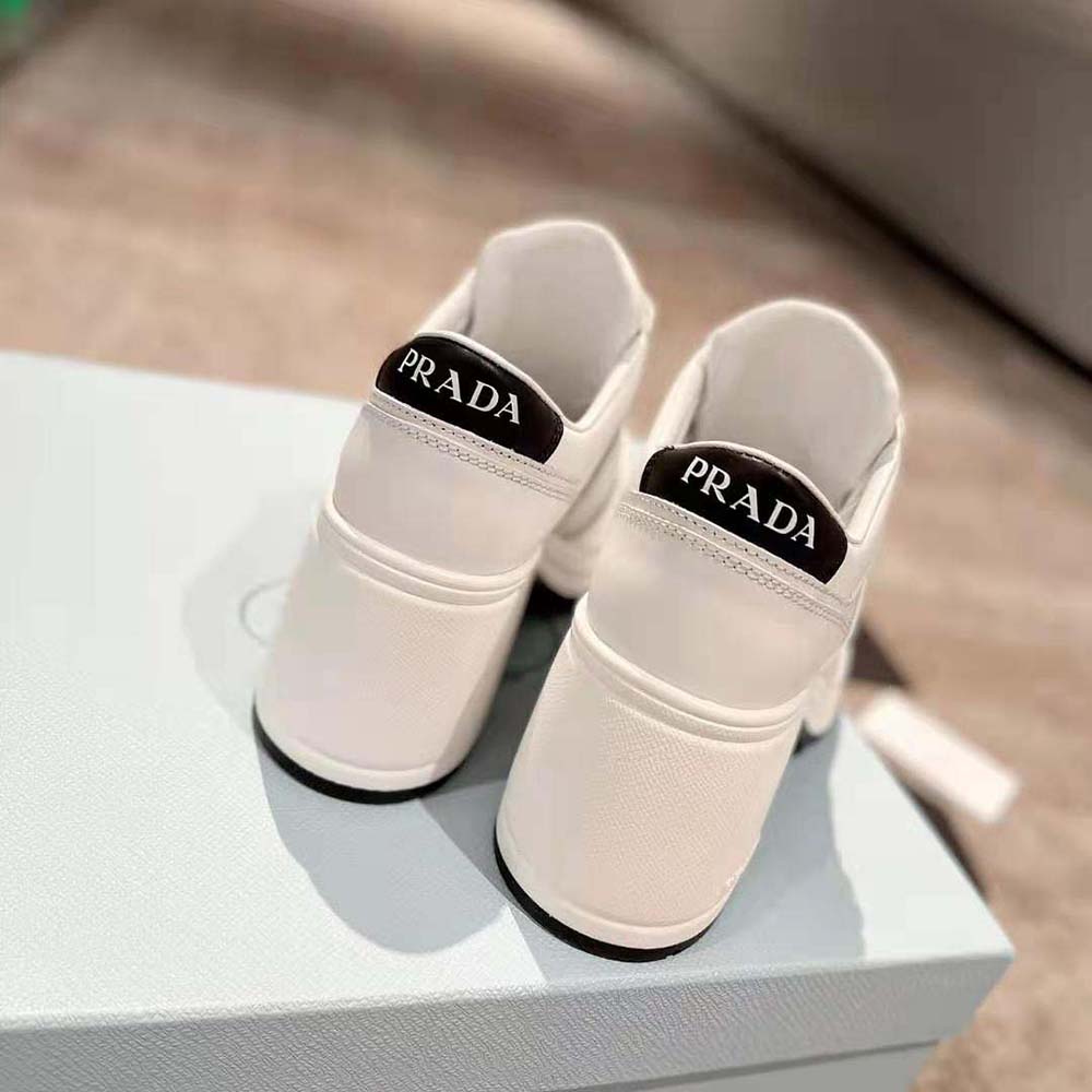 Prada Women Downtown High-Heeled Leather Sneakers-White - image 9