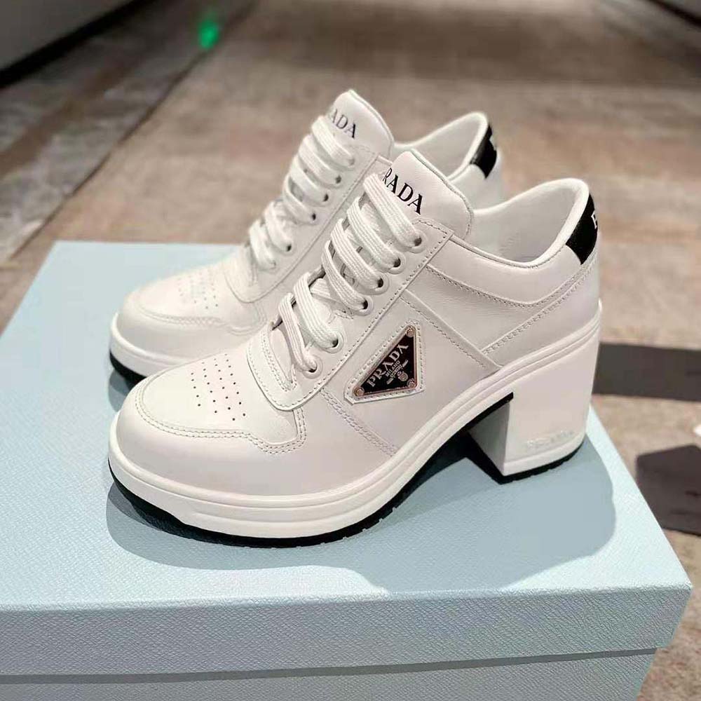 Prada Women Downtown High-Heeled Leather Sneakers-White - image 5