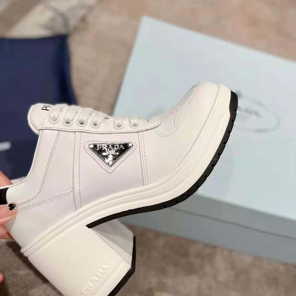 Prada Women Downtown High-Heeled Leather Sneakers-White - image 7