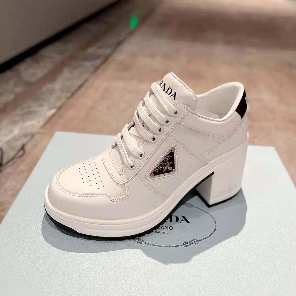 Prada Women Downtown High-Heeled Leather Sneakers-White - image 6