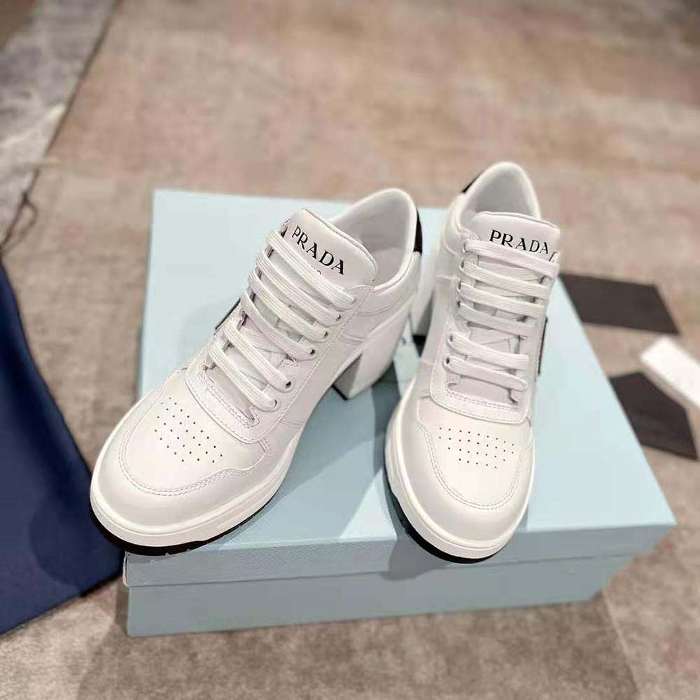 Prada Women Downtown High-Heeled Leather Sneakers-White - image 4