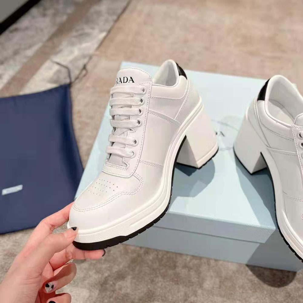 Prada Women Downtown High-Heeled Leather Sneakers-White - image 8