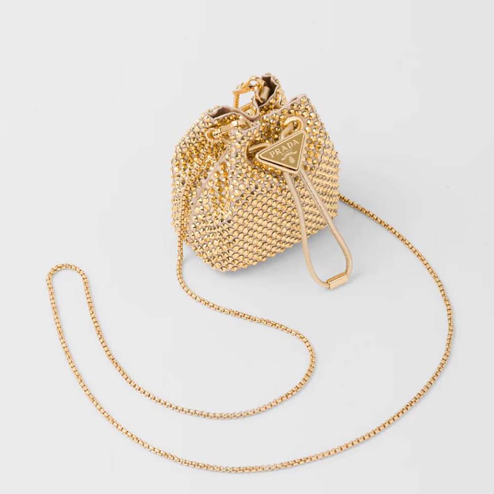 Front view of Prada Women Embellished Satin Mini-Pouch-Gold with zipper closed